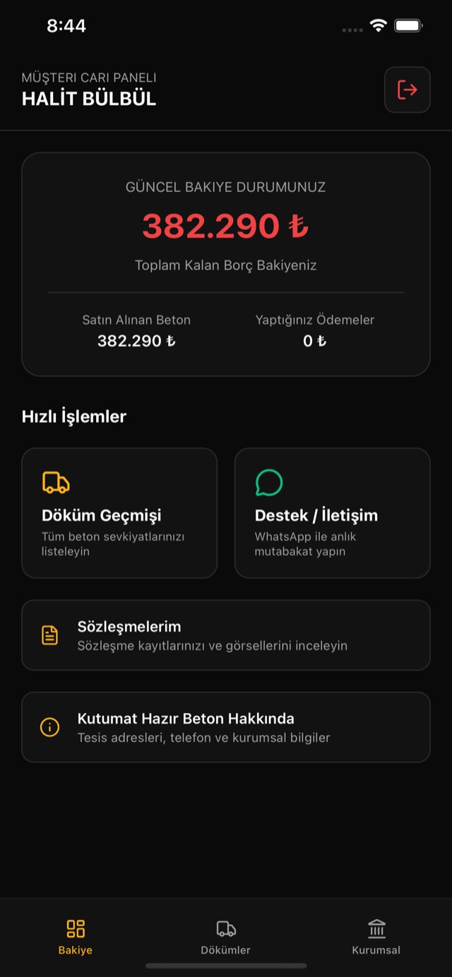 Kutumat uygulaması müşteri cari paneli — güncel bakiye ekranı